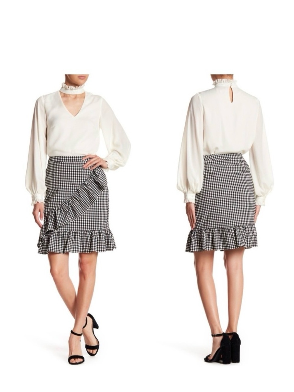 Nanette Lepore Gingham Frill Ruffle Pencil Skirt in Black/White Size 4